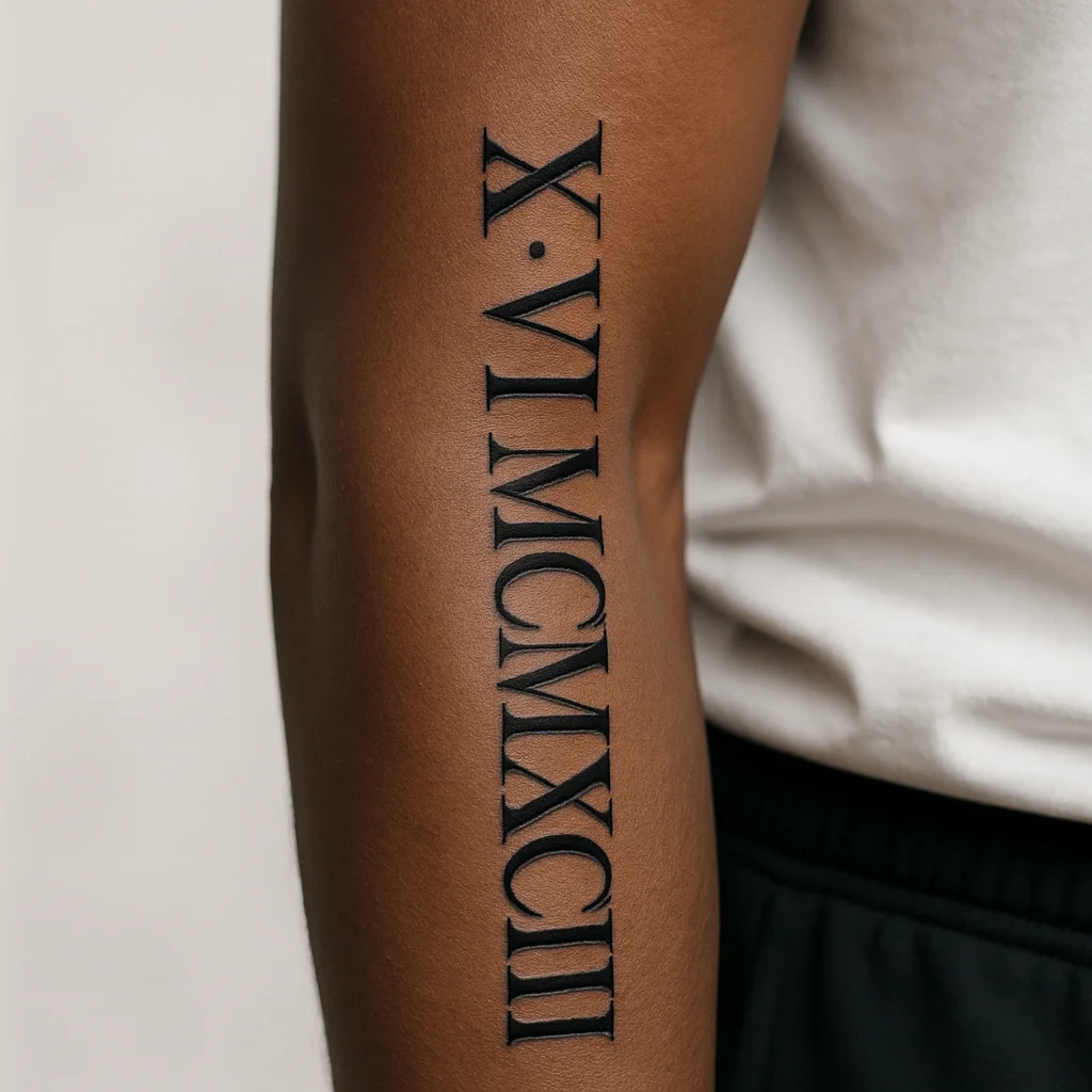 Vertical Roman numeral date tattoo in heavy serif lettering on the outer forearm