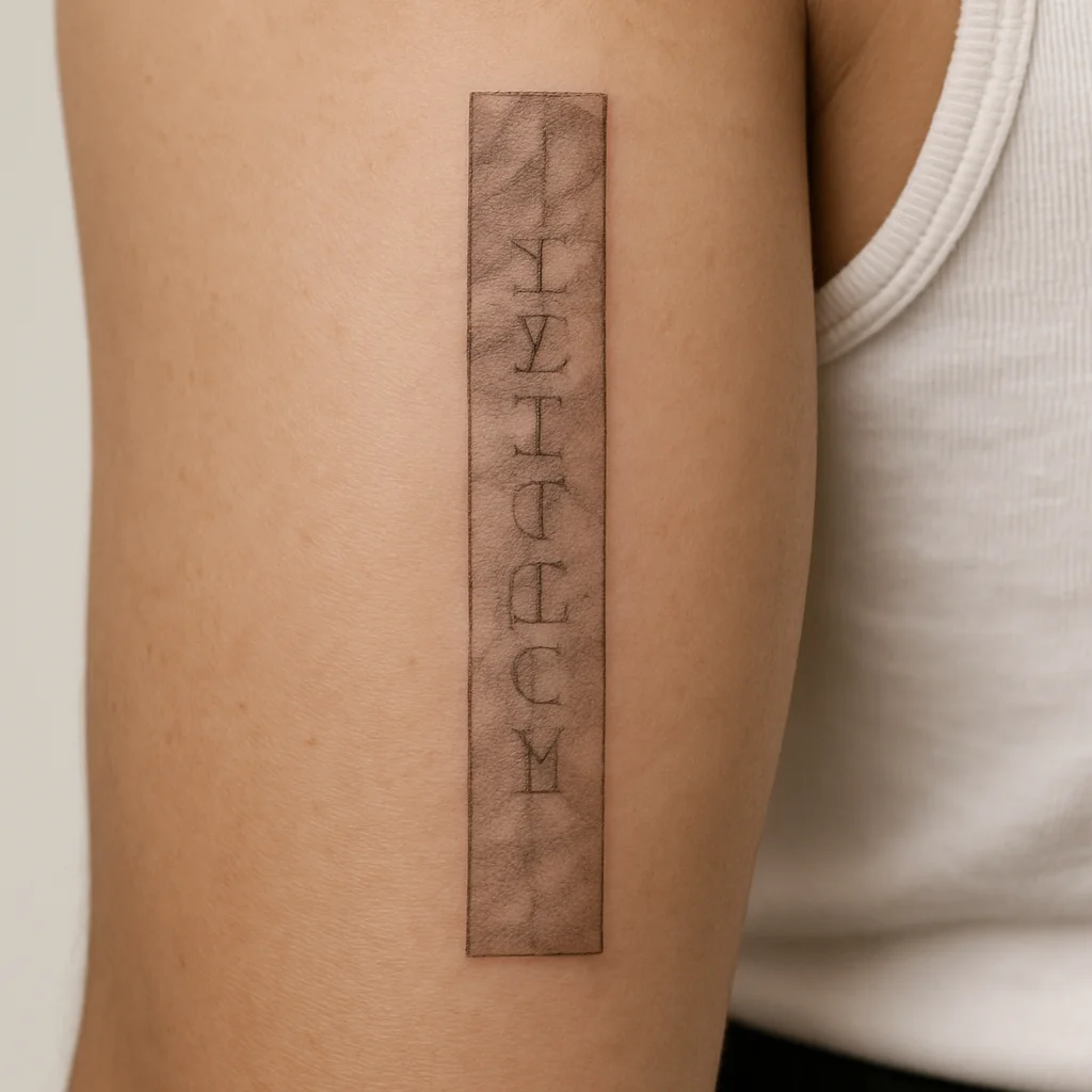 Vertical softly shaded lettering tattooed in a slim panel on the inner bicep