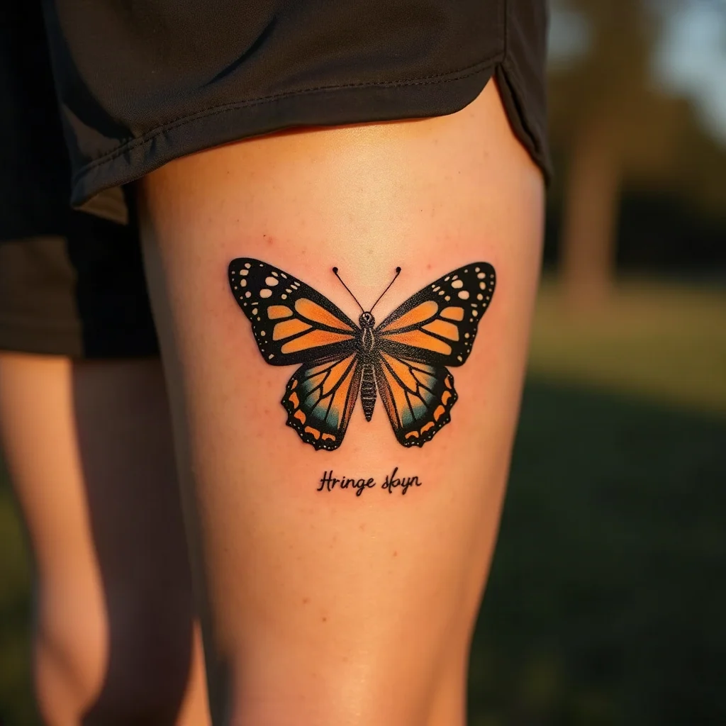 Vintage entomology plate butterfly with Latin name lettering tattooed on the calf