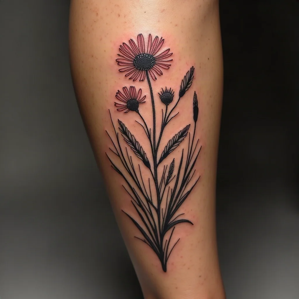 Whip-shaded aster bouquet with grasses tattooed down the calf