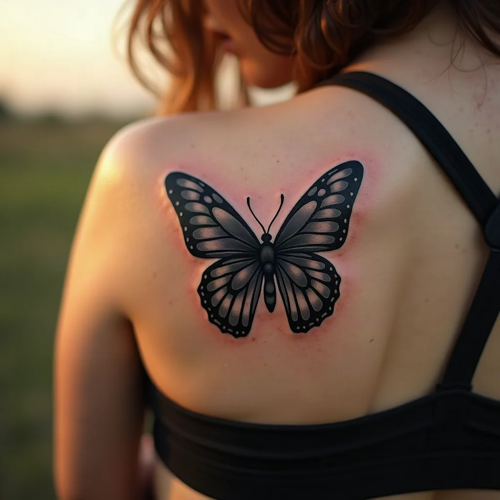 Whip-shaded blackwork butterfly with feathered wing edges on the shoulder blade