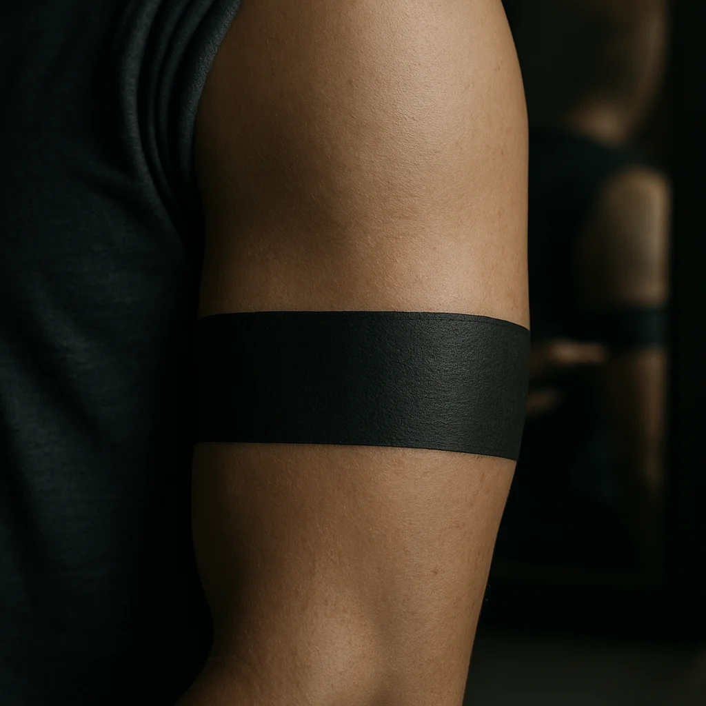 Wide black band stencil placed around the bicep for fitting before tattooing