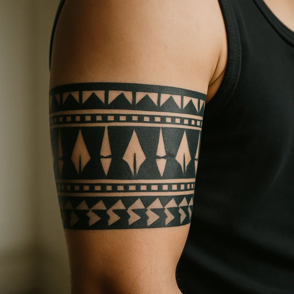 Wide Polynesian-inspired blackwork armband cuff covering the bicep