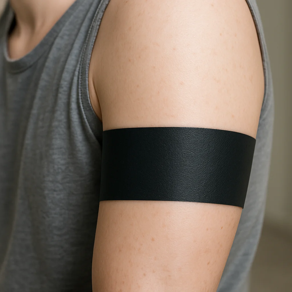 Wide solid black cuff armband with sharp edges wrapping the bicep in blackwork