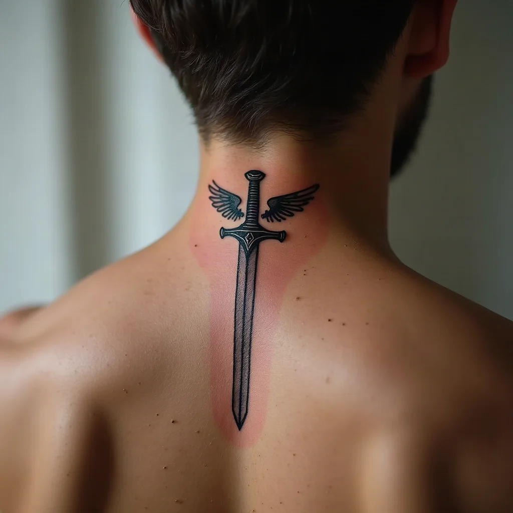 Winged guardian sword tattooed down a man's spine in illustrative style