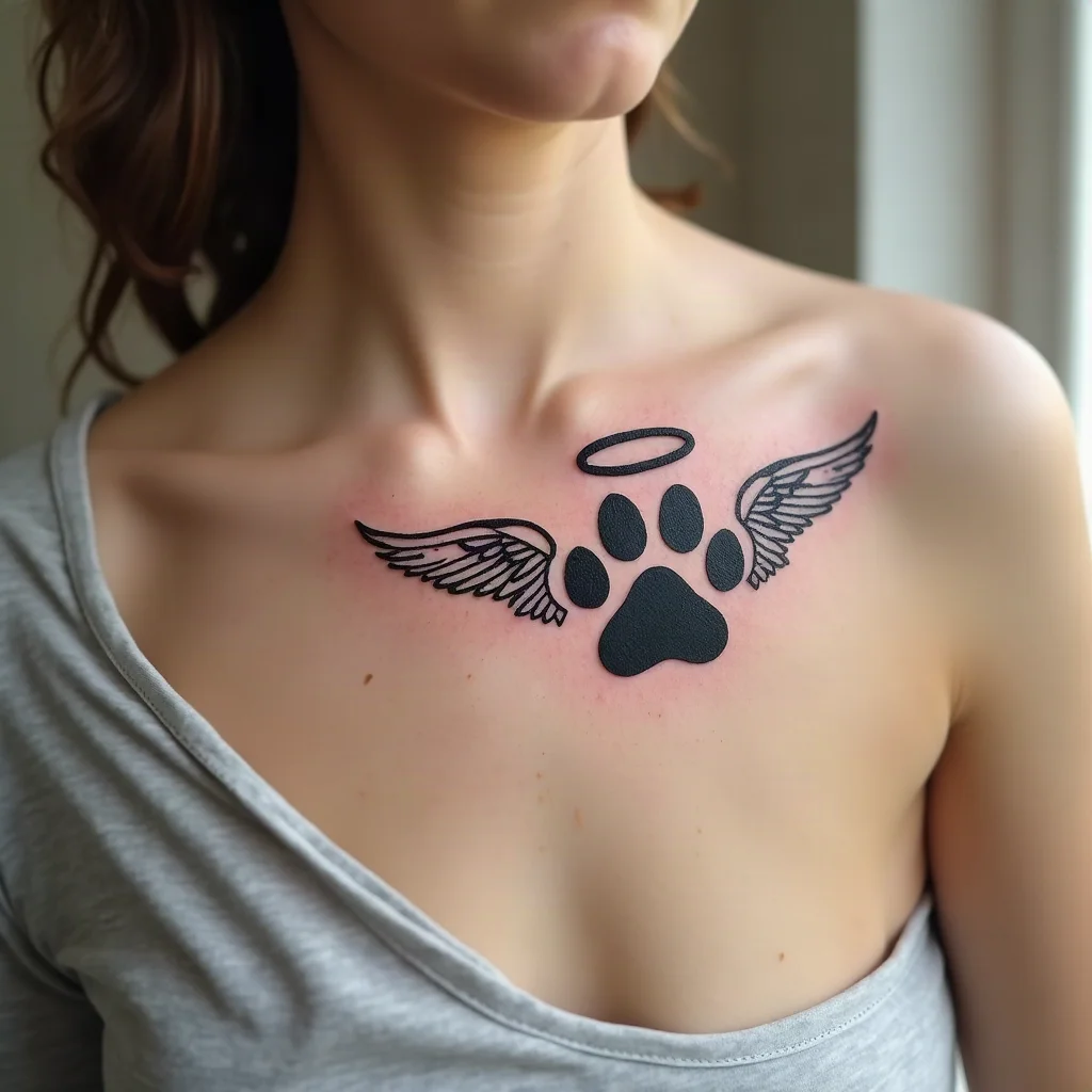 Winged paw print with a halo, illustrative memorial tattoo on a shoulder